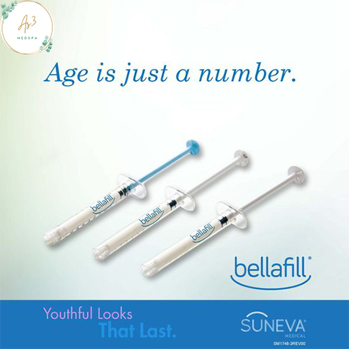 An image with a whitish bluish background. On the top-left is the AS3 med spa logo. On the top middle of the image it states Age is just a number. Below that is a picture of three Bellafill dermal syringes. The syringes are clear with the Bellafill logo on them. Below and right of the syringes is the Bellafill logo with a curved line below the word resembling a smile. Below that on the bottom is a blue strip. The left of the strip states "Youthful Looks" in pink. Below that in light blue font states "That Last". On the right of the blue strip it shows Suneva Medical logo.