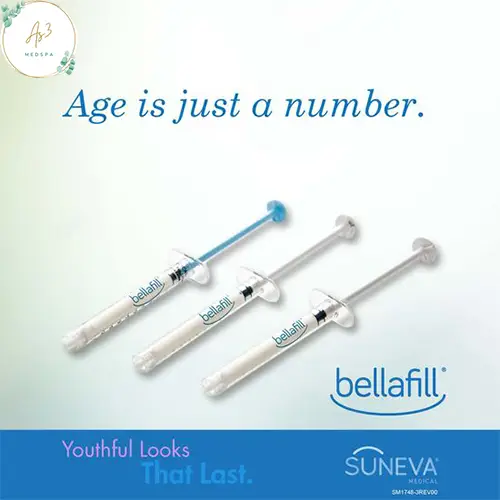An image with a whitish bluish background. On the top-left is the AS3 med spa logo. On the top middle of the image it states Age is just a number. Below that is a picture of three Bellafill dermal syringes. The syringes are clear with the Bellafill logo on them. Below and right of the syringes is the Bellafill logo with a curved line below the word resembling a smile. Below that on the bottom is a blue strip. The left of the strip states "Youthful Looks" in pink. Below that in light blue font states "That Last". On the right of the blue strip it shows Suneva Medical logo.