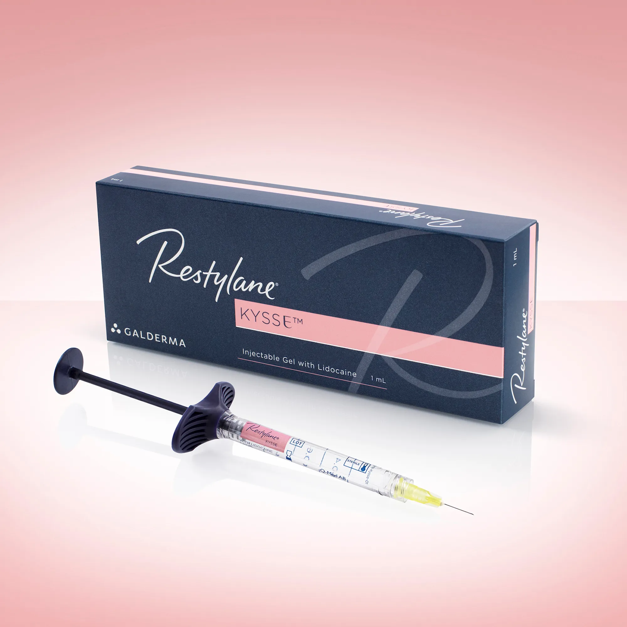 Restylane Kysse, a dermal filler product for lips, displayed on a pink background with a whitish glow surrounding the Restylane Kysse packaging and a syringe in front of it. The product box is dark blue and features the word "Restylane" on the left side, and a pink box on the lower right with the word "Kysse" in it. The image showcases the product packaging and syringe, emphasizing its use for lip enhancement. The overall design conveys a sense of elegance, quality, and femininity, in line with Galderma's brand image.