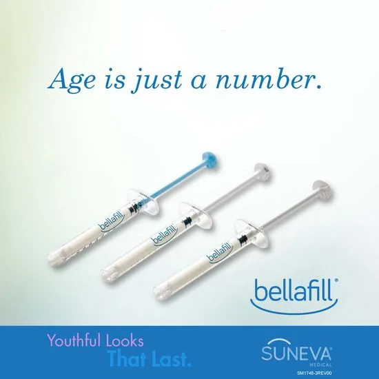 An image with a whitish bluish background. On the top-left is the AS3 med spa logo. On the top middle of the image it states Age is just a number. Below that is a picture of three Bellafill dermal syringes. The syringes are clear with the Bellafill logo on them. Below and right of the syringes is the Bellafill logo with a curved line below the word resembling a smile. Below that on the bottom is a blue strip. The left of the strip states "Youthful Looks" in pink. Below that in light blue font states "That Last". On the right of the blue strip it shows Suneva Medical logo | AS3 Med Spa