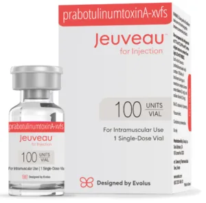 The Jeuveau #newtox packaging displays a clear vial on the front and left, featuring a label with an orange strip on the top. Written in white font on the orange strip is prabotulinumtoxinA-xvfs, followed by Jeuveau for Injection in orange font. Below that, the label states 100 units per vial, for intramuscular use, and 1 Single-dose vial. The Evolus logo with the words Designed by Evolus in small font can be found at the bottom of the label. The packaging design is consistent with the vial label, featuring similar words and style. Both the vial and packaging design are simple and clean, with a white background and orange accents. This design conveys a sense of innovation and modernity, in line with the product's #newtox branding. | AS3 Med Spa