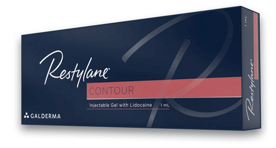 The Restylane Contour packaging image is in dark blue with white font. The word "Restylane" is written in stylized font on the left, and on the bottom right of it, there is a red box with the word "CONTOUR" in all caps and dark font. Below the red strip, there are the words "Injectable Gel with Lidocaine 1mL." On the bottom left, there is Galderma's logo in all white and the word "GALDERMA" in all caps written next to the logo also in white | AS3 Med Spa
