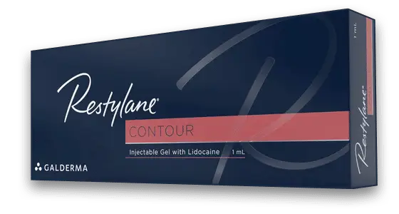 The Restylane Contour packaging image is in dark blue with white font. The word "Restylane" is written in stylized font on the left, and on the bottom right of it, there is a red box with the word "CONTOUR" in all caps and dark font. Below the red strip, there are the words "Injectable Gel with Lidocaine 1mL." On the bottom left, there is Galderma's logo in all white and the word "GALDERMA" in all caps written next to the logo also in white | AS3 Med Spa