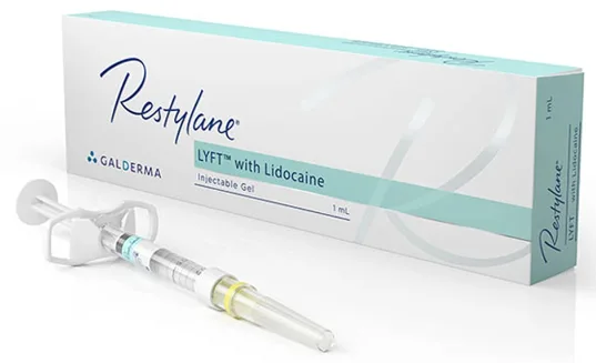 The image shows the packaging and syringe for Restylane Lyft. The packaging is in all white with the word "Restylane" in dark blue stylized font. Below that is a teal green strip on the right with the word "LYFT with Lidocaine" in dark blue font. Directly below the strip and centered is the text "Injectable Gel". In the bottom left corner is Galderma's Logo in blue and the words "GALDERMA" in all caps next to the logo. In front of the packaging is a clear syringe with the words "Restylane Lyft" on the label. The plunger is all white, and the bottom portion has clear measurement marks in black | AS3 Med Spa