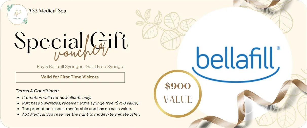 an image of a promotional ad for "Buy 5 Bellafill Syringes, Get 1 Free" | AS3 Med Spa