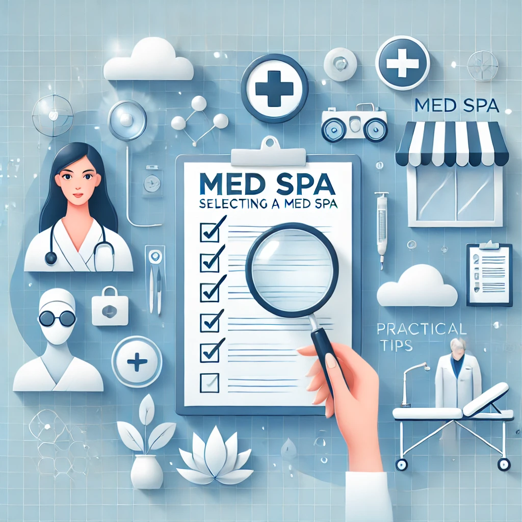 A clean and modern illustration featuring a med spa setting with a checklist, magnifying glass, and consultation scene, symbolizing practical tips for selecting the best med spa. The design uses calming colors like blue, white, and light gray for a professional and soothing look.