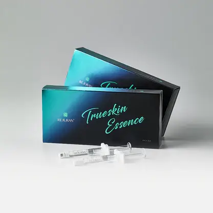 Rejuran Trueskin Essence packaging and syringes, a collagen-boosting skin booster available at AS3 Medical Spa.