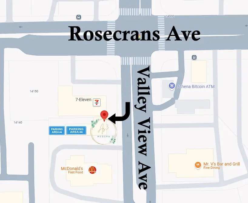 A map showing the location of AS3 Medical Spa at the intersection of Rosecrans Ave and Valley View Ave, with parking areas marked.