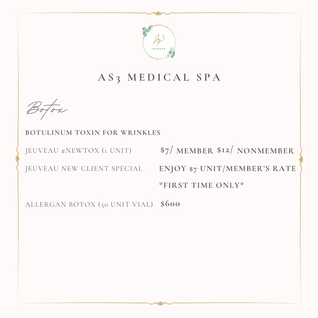 Botulinum toxin pricing menu at AS3 Medical Spa featuring Jeuveau (#Newtox) and Allergan Botox.