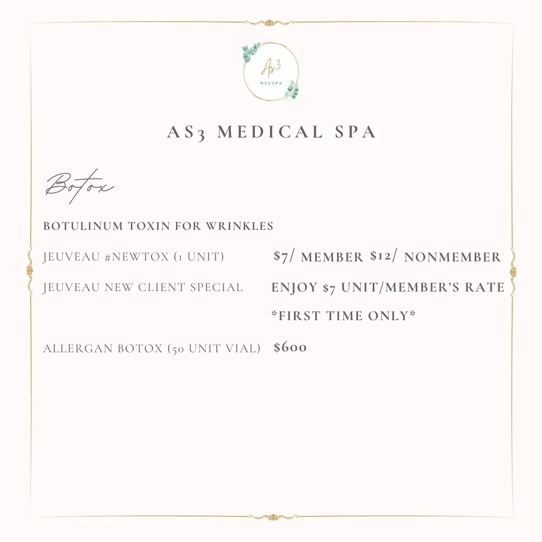 Botulinum toxin pricing menu at AS3 Medical Spa featuring Jeuveau (#Newtox) and Allergan Botox.