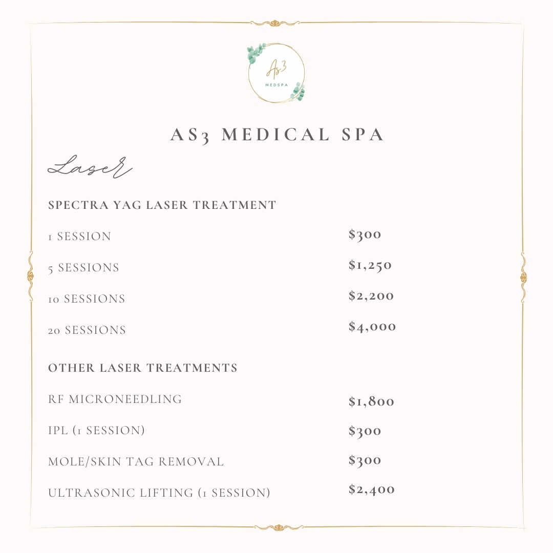 Laser treatment pricing at AS3 Medical Spa, including Spectra YAG laser, RF microneedling, IPL, mole removal, and ultrasonic lifting.