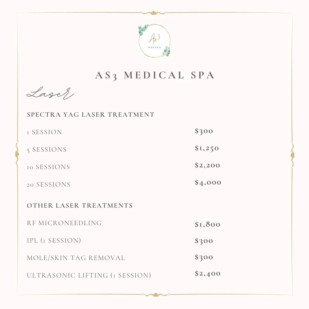 Laser treatment pricing at AS3 Medical Spa, including Spectra YAG laser, RF microneedling, IPL, mole removal, and ultrasonic lifting.