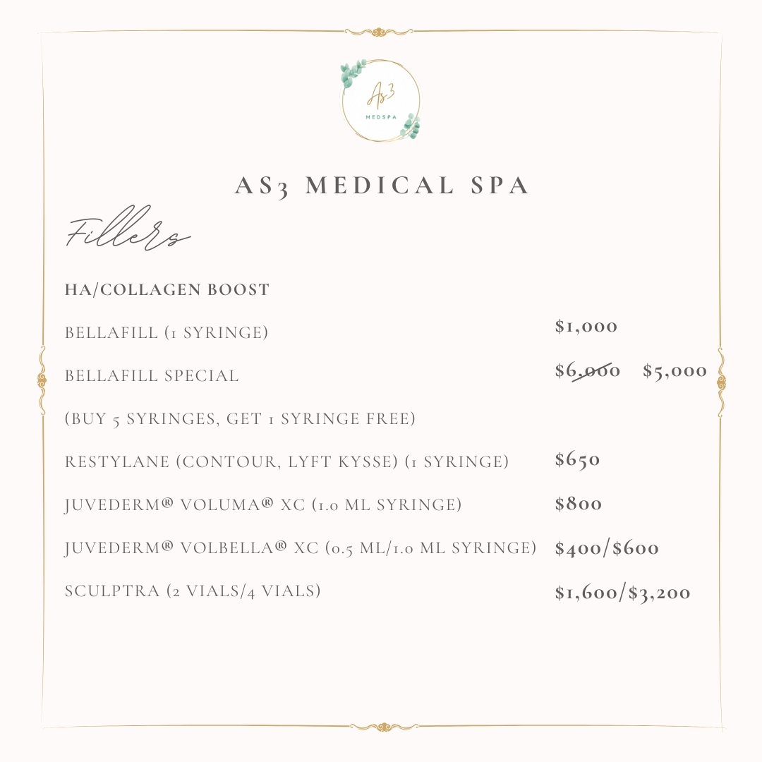 Price list for dermal fillers at AS3 Medical Spa, including Bellafill, Restylane, Juvederm, and Sculptra.