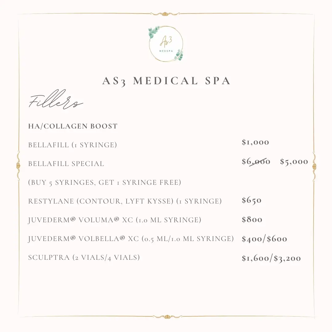 Price list for dermal fillers at AS3 Medical Spa, including Bellafill, Restylane, Juvederm, and Sculptra.