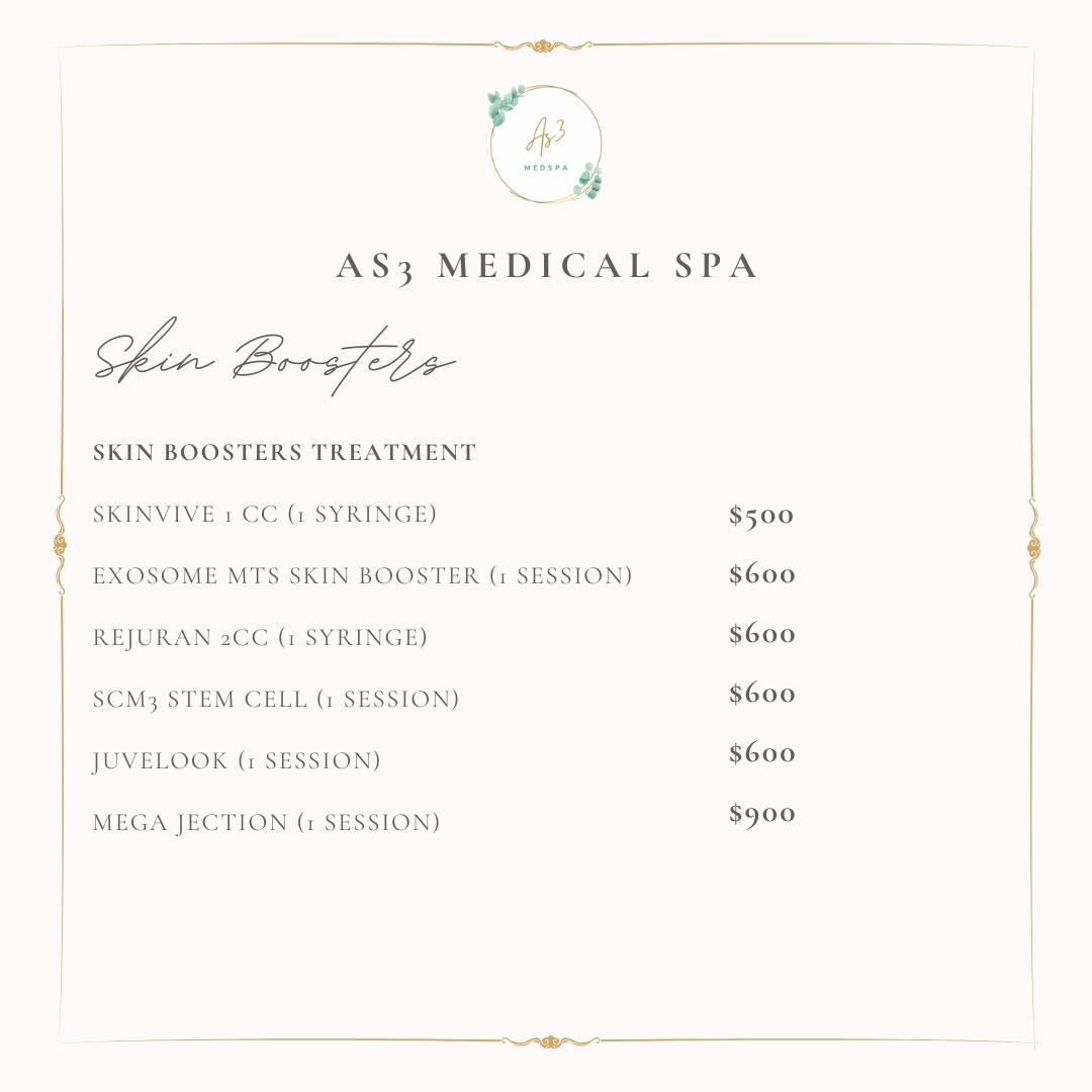 Skin booster treatment pricing at AS3 Medical Spa, listing options like Skinvive, Exosome, Rejuran, Juvelook, and more.