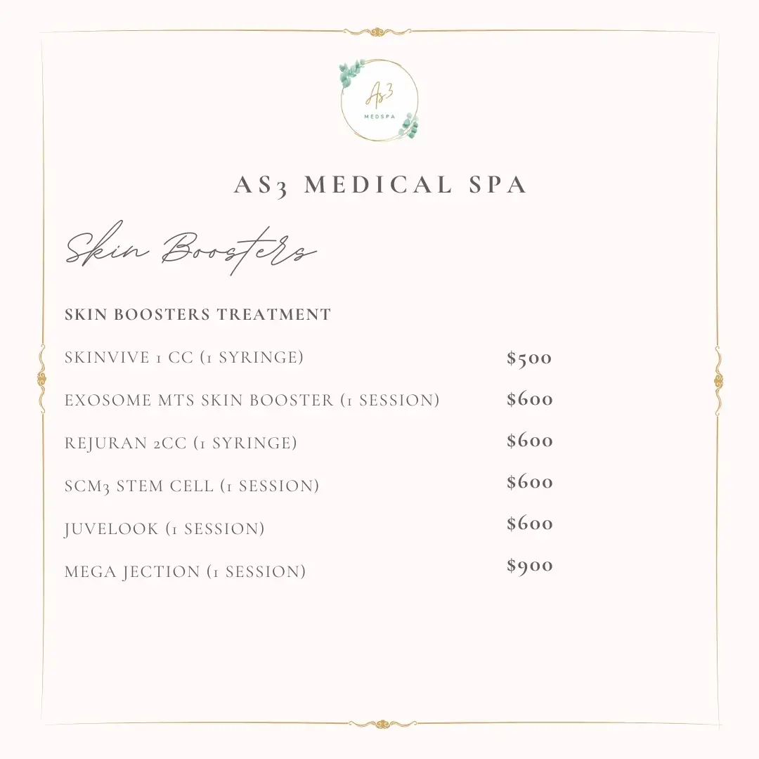 Skin booster treatment pricing at AS3 Medical Spa, listing options like Skinvive, Exosome, Rejuran, Juvelook, and more.