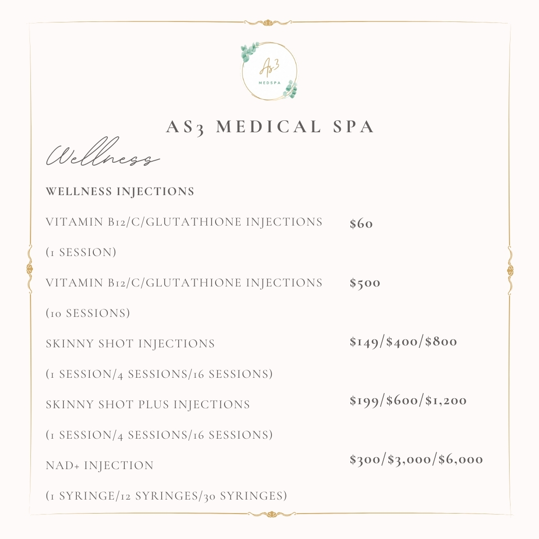 Wellness injection pricing menu at AS3 Medical Spa including vitamin shots, skinny shots, and NAD+ therapy.