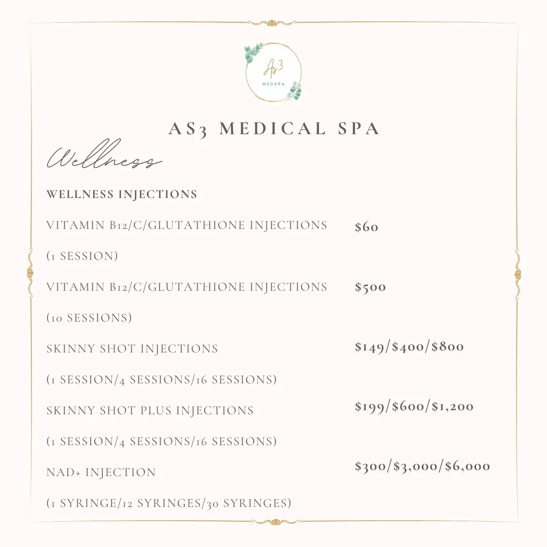 Wellness injection pricing menu at AS3 Medical Spa including vitamin shots, skinny shots, and NAD+ therapy.