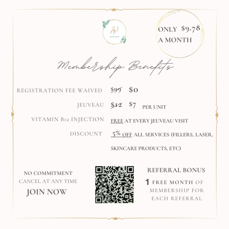 Join the AS3 Medical Spa Membership for only $9.78/month! Get Jeuveau for just $7 per unit, free Vitamin B12 injections with every visit, and 5% off all other services. No registration fee and no commitment—sign up today!
