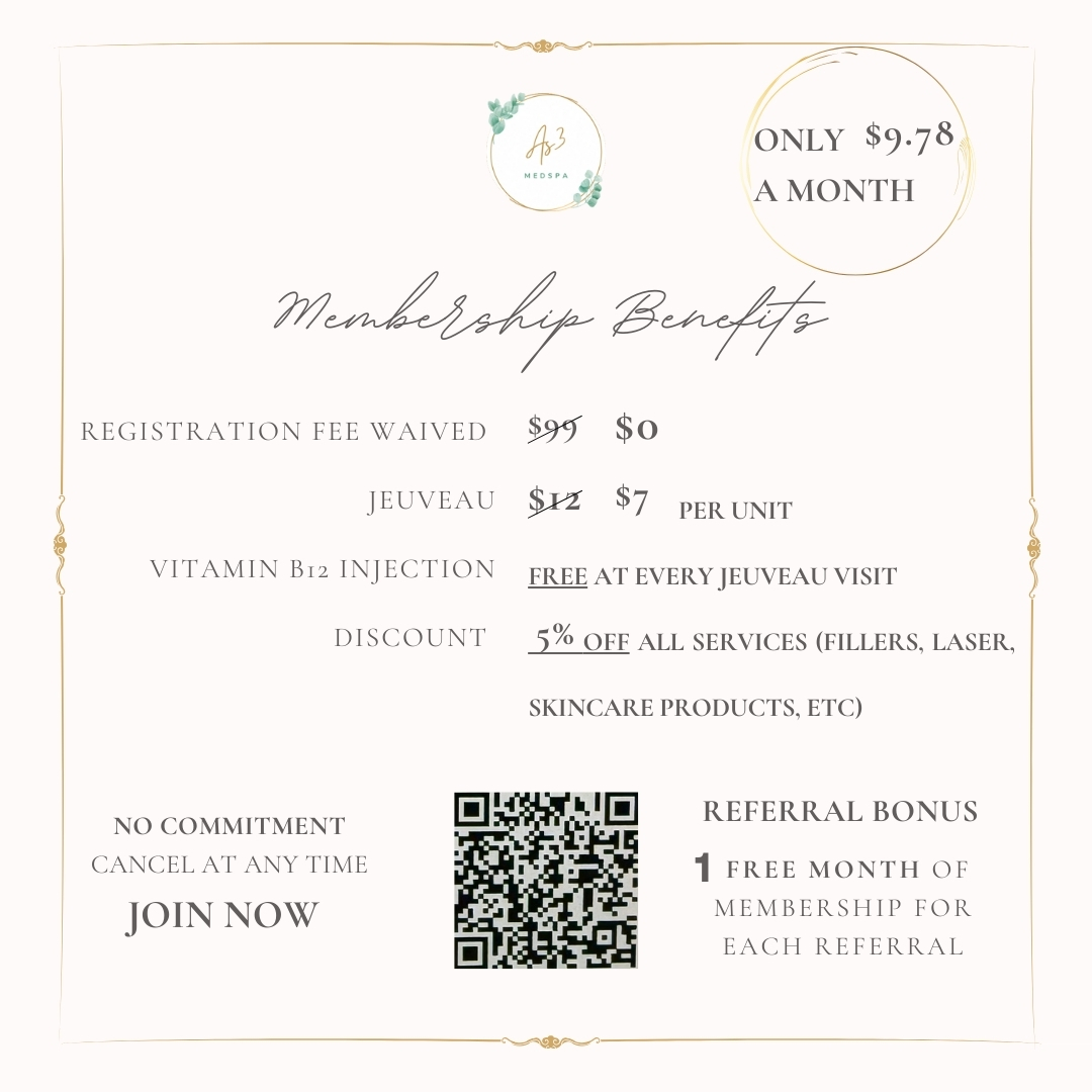 Join the AS3 Medical Spa Membership for only $9.78/month! Get Jeuveau for just $7 per unit, free Vitamin B12 injections with every visit, and 5% off all other services. No registration fee and no commitment—sign up today!