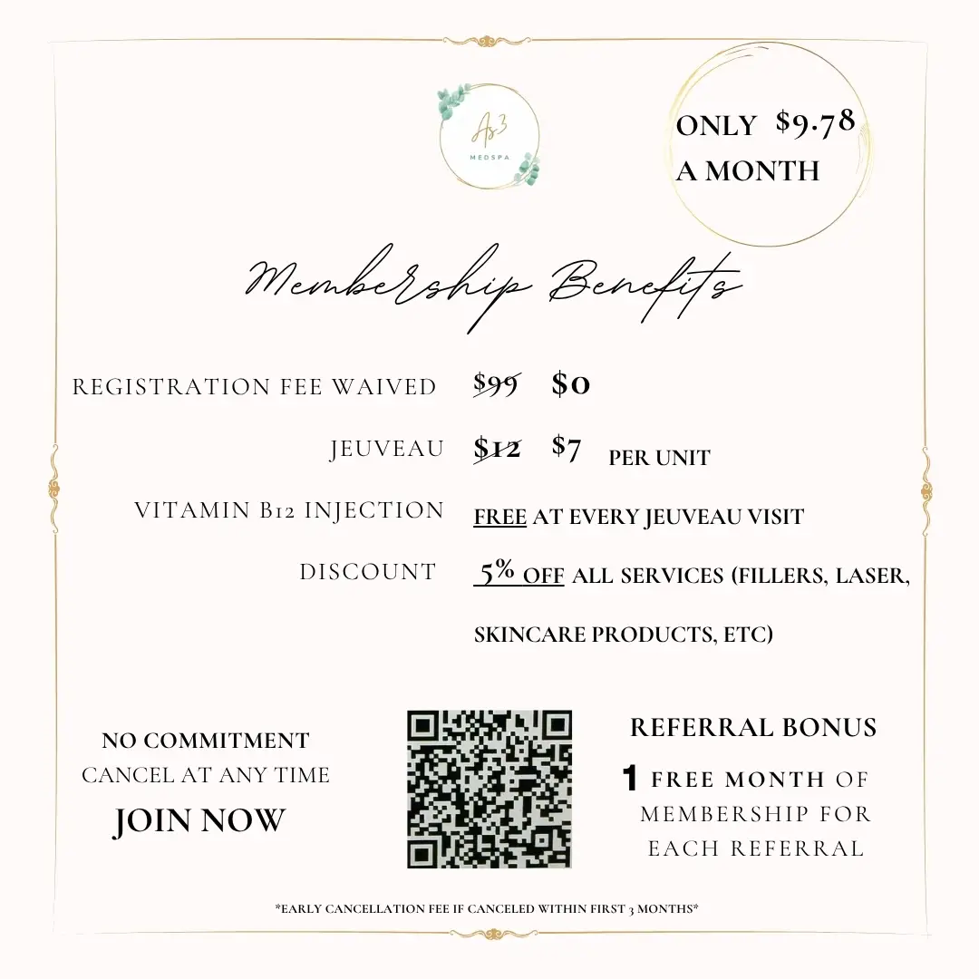 Join the AS3 Medical Spa Membership for only $9.78/month! Get Jeuveau for just $7 per unit, free Vitamin B12 injections with every visit, and 5% off all other services. No registration fee and no commitment—sign up today!