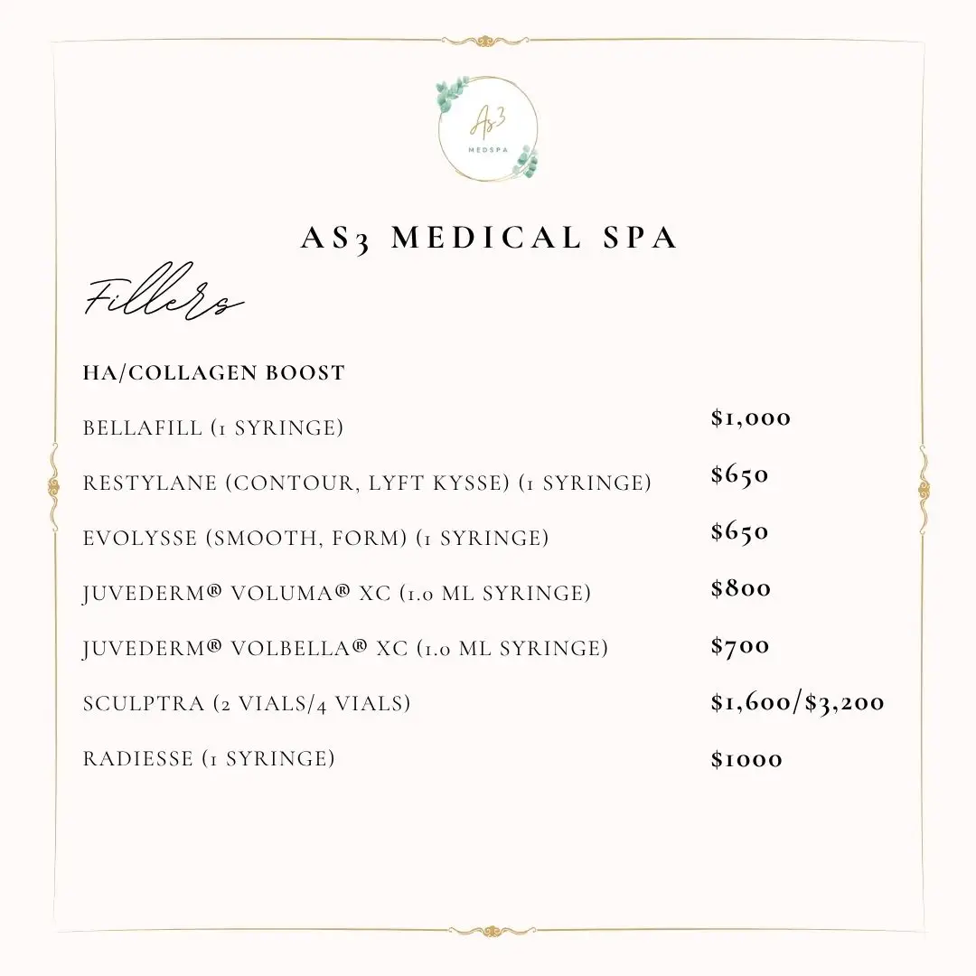 Elegant pricing menu for dermal fillers at AS3 Medical Spa, featuring Bellafill, Restylane, Evolysse, Juvederm, Sculptra, and Radiesse with per-syringe pricing.