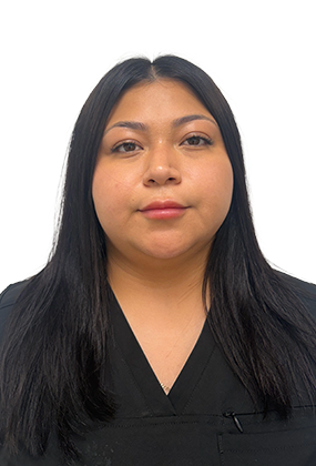 Jedy Gomez, front desk receptionist at AS3 Medical Spa, wearing black medical scrubs.