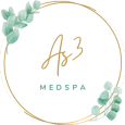 AS3 Medical Spa logo featuring a cursive letter "A" representing luxury, in shades of bronze gold. The text "AS3" is encapsulated in a circle with greenish plants on a vine, while "MED SPA" in all capitals is written in smaller font underneath. The logo conveys a sense of calmness, relaxation, and professionalism | AS3 Med Spa